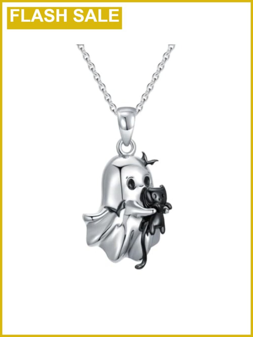 Ghost Pendant Necklace S925 Sterling Silver Black Crystal Heart Gothic Halloween